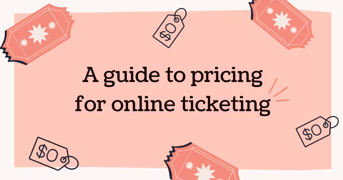 a pink background with black text about guide to pricing for online ticketing and price tags