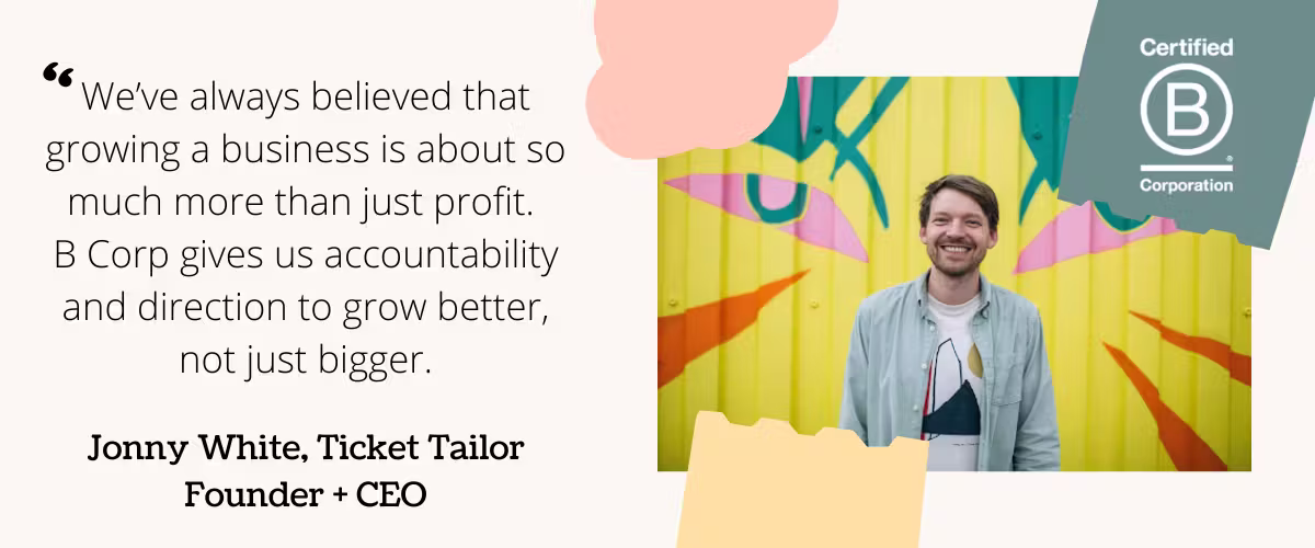 ticket tailor founder standing in front of a yellow wall and his quote