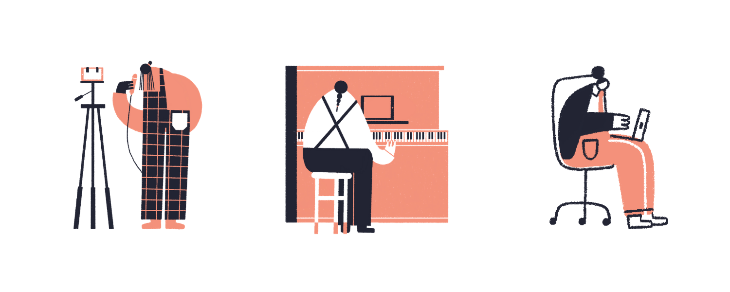 a person sitting at a piano and other two using technologies