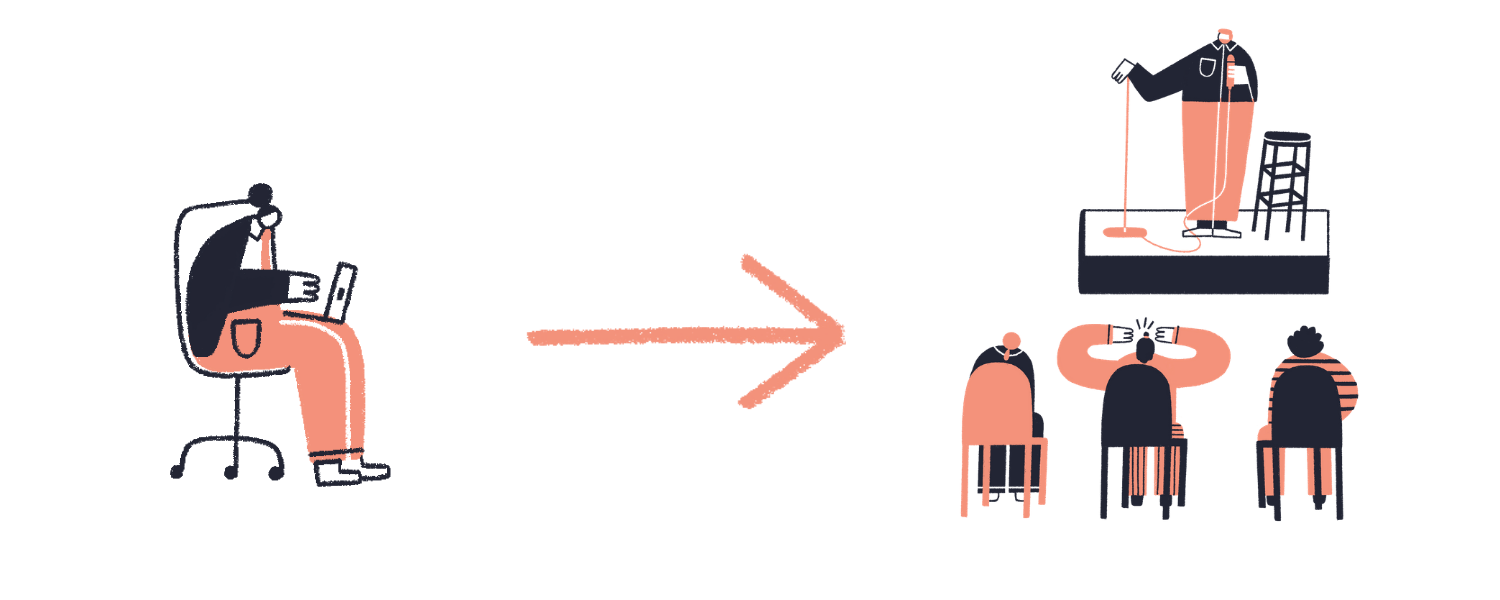 a cartoon of a person sitting in a chair and an arrow pointing to the side