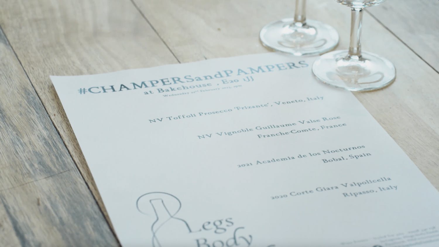 The wine tasting menu for 'champers and pampers' Becky's wine tasting event