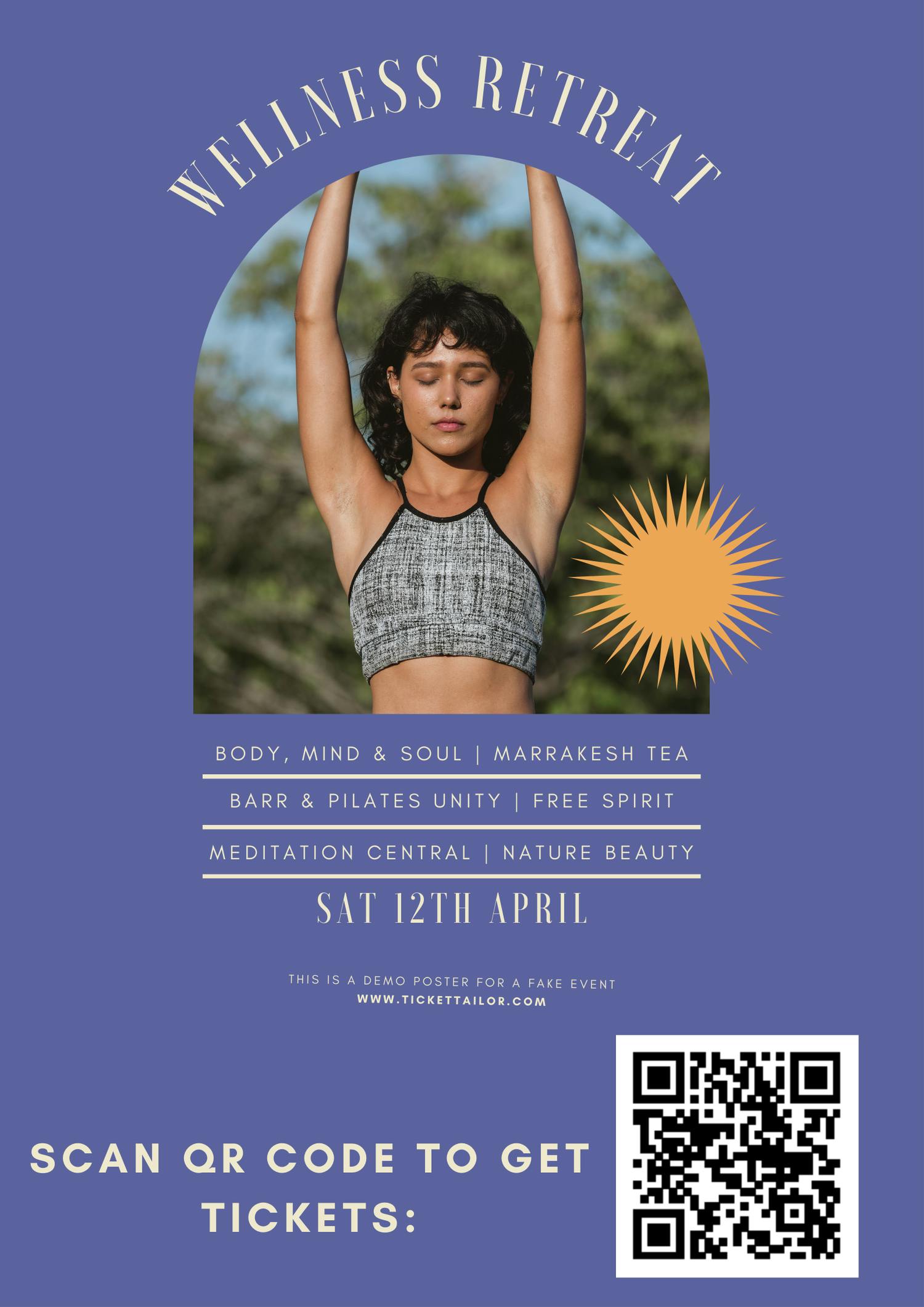 a person lifting her hands up in a poster called wellness retreat