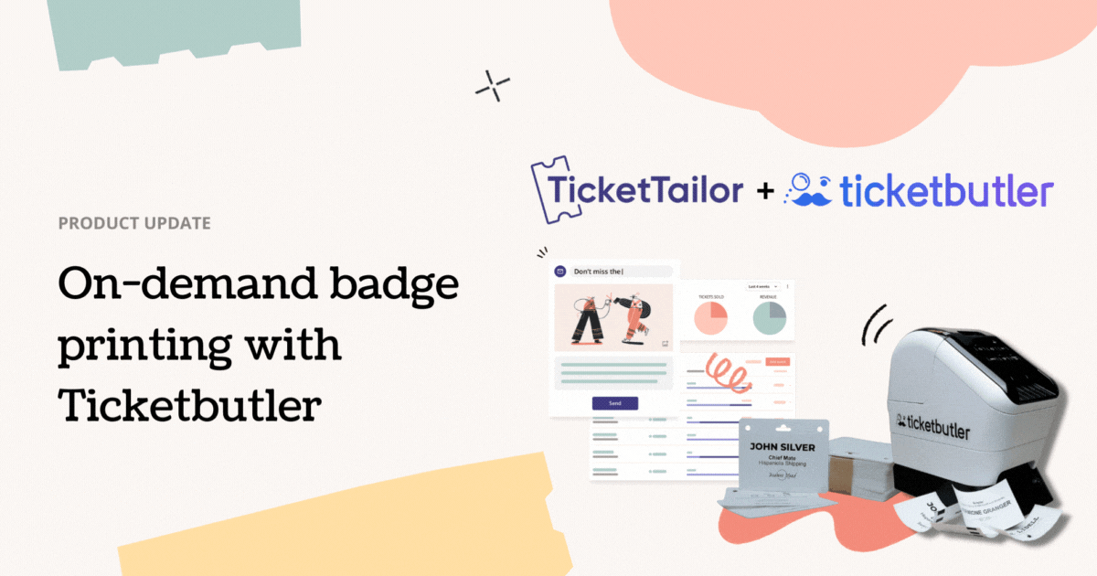 Poster with product update about on-demand badge printing with ticketbutler