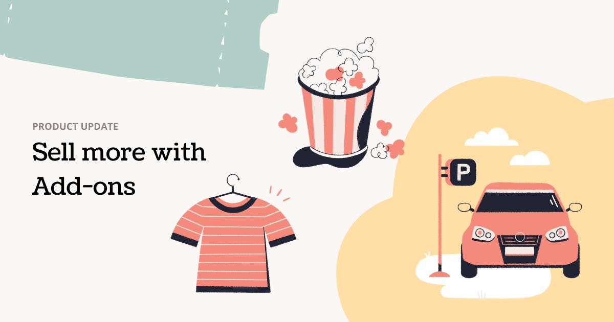 product update poster with text sell more with add-ons and images such as t-shirt, popcorn and car