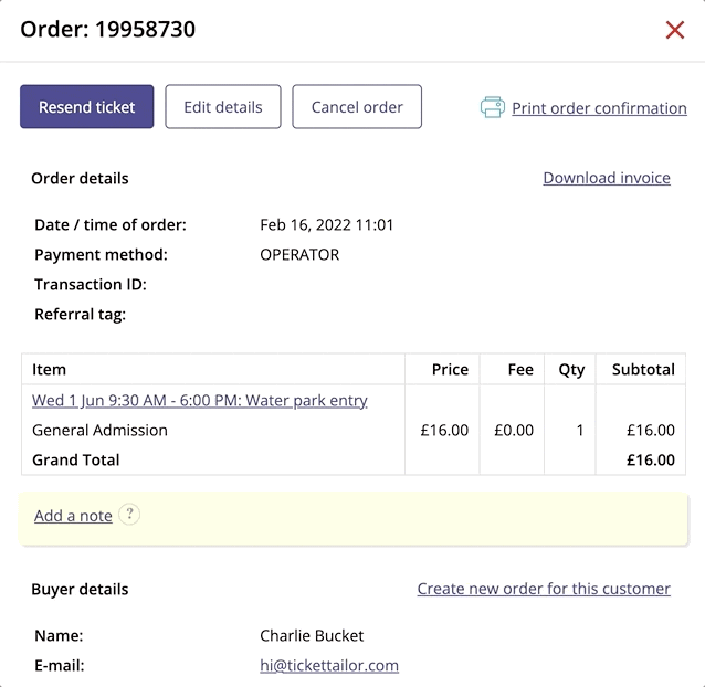 a screenshot of an order page and example of how to add a note