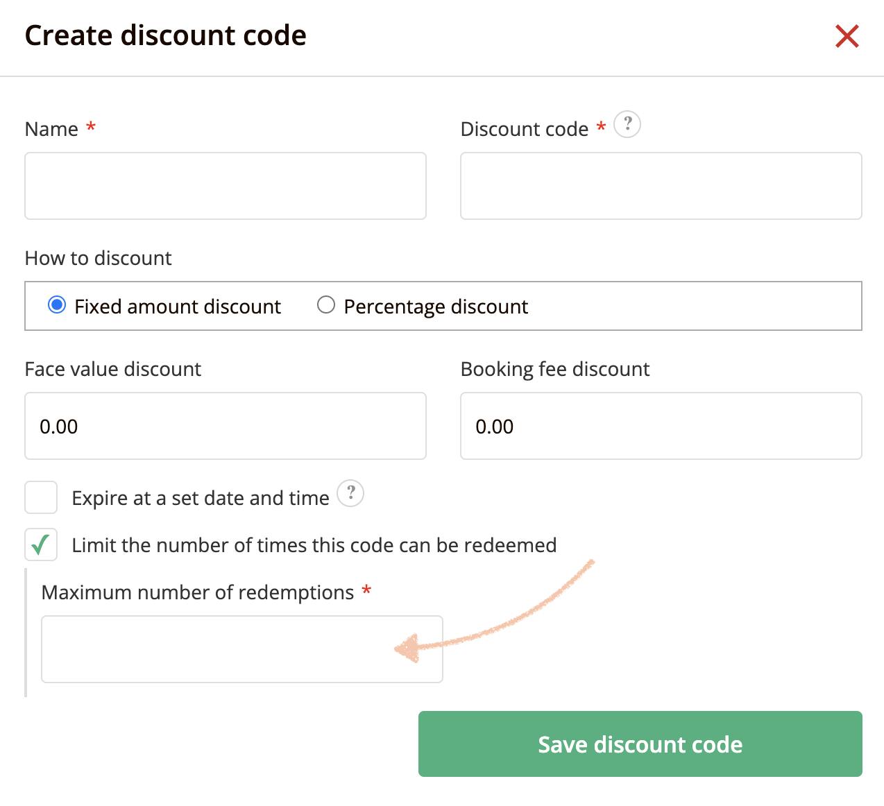 screen shot of create discount code page