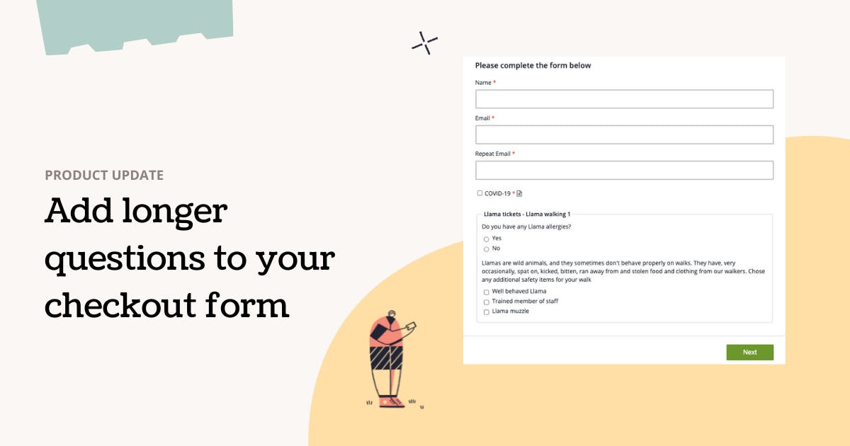 product update page with a text add longer questions to your checkout from and with a form it self on the right