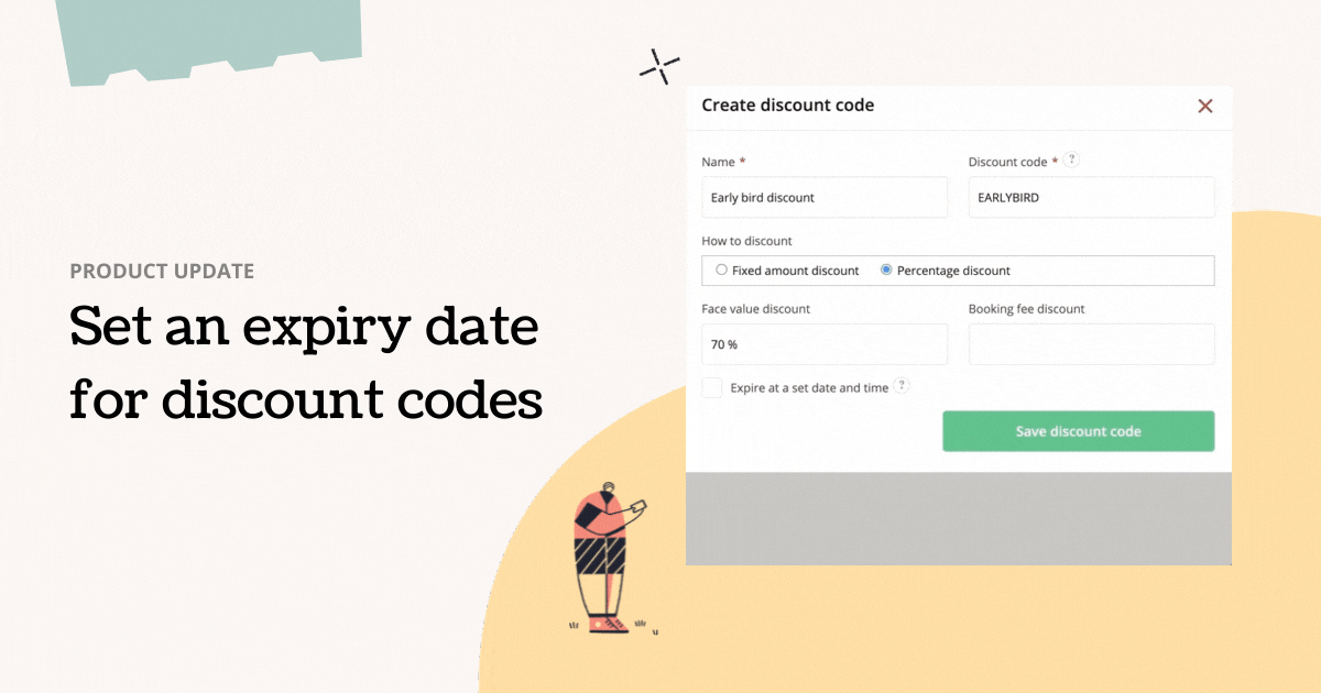 product update page with text set an expiry date for discount codes and example how to create discount code on the right