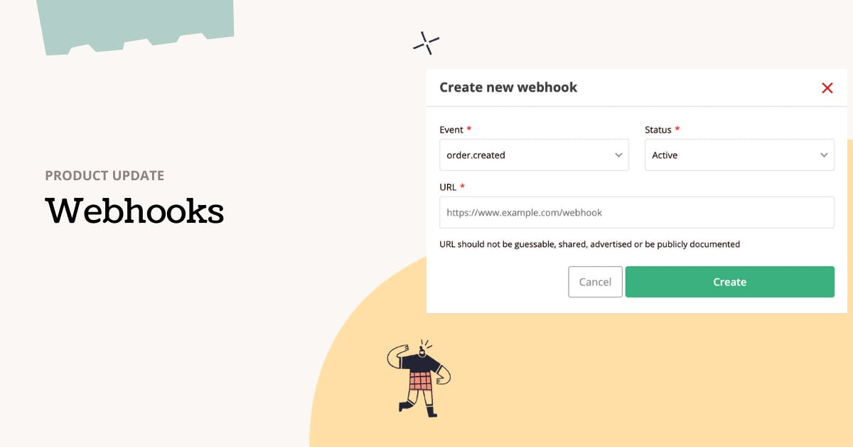Product update poster with word webhooks and information how to create new webhook