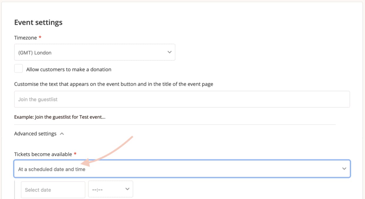 screen shot with event settings page
