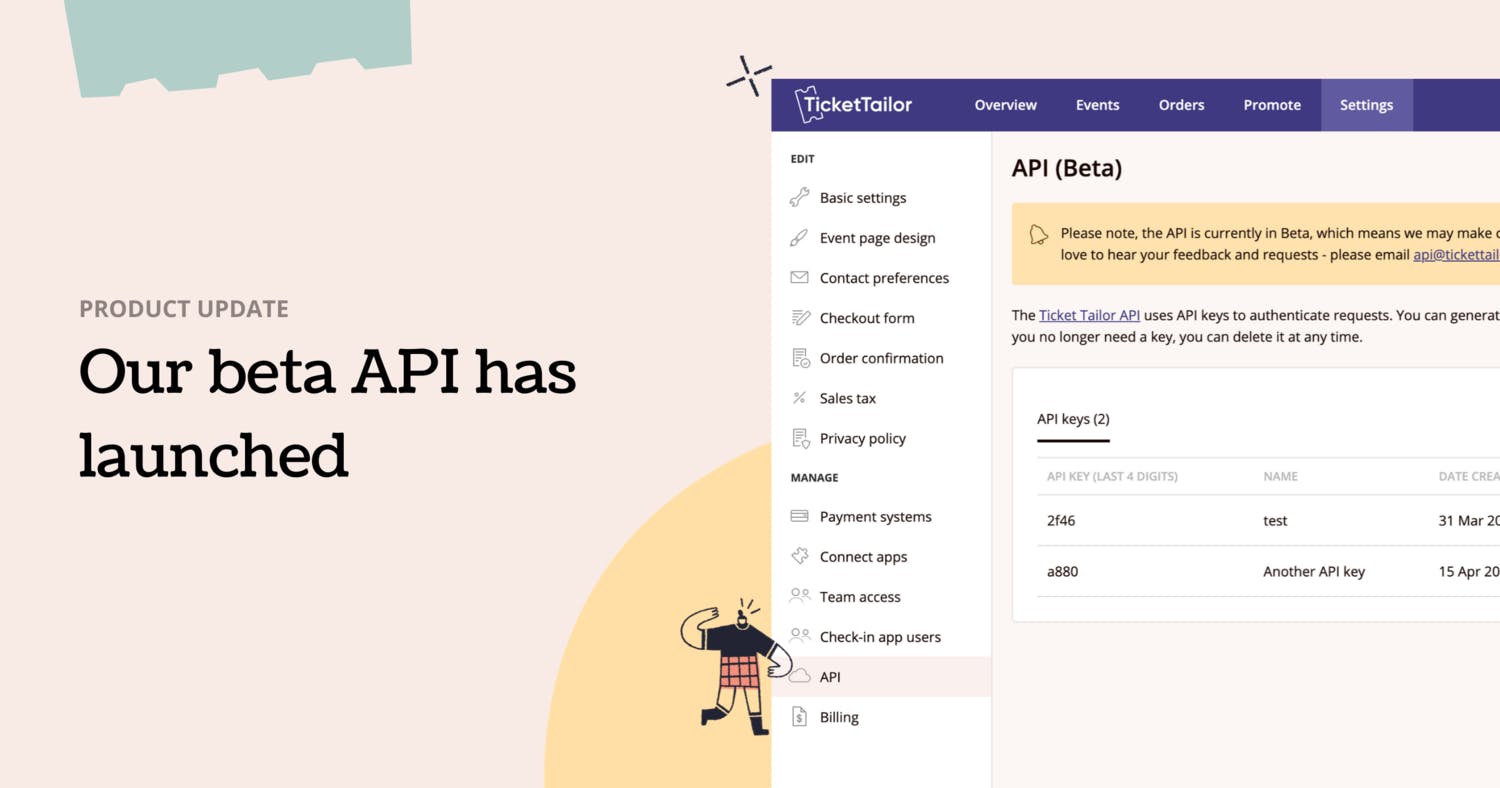 product update page with text our beta API has launched with screenshot of API beta