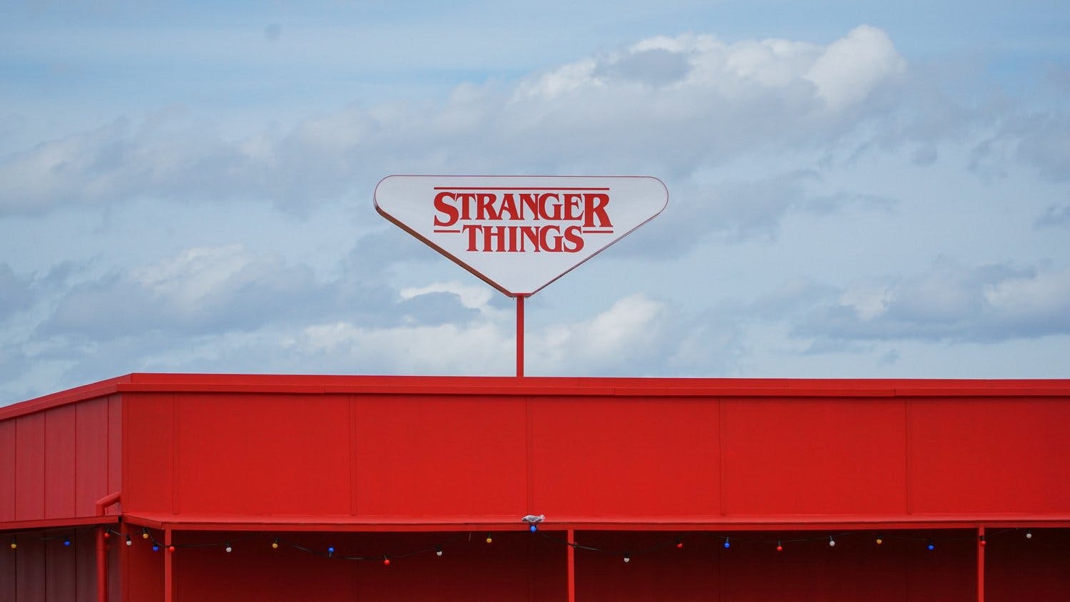 a sign on top of a building with red letters stranger things