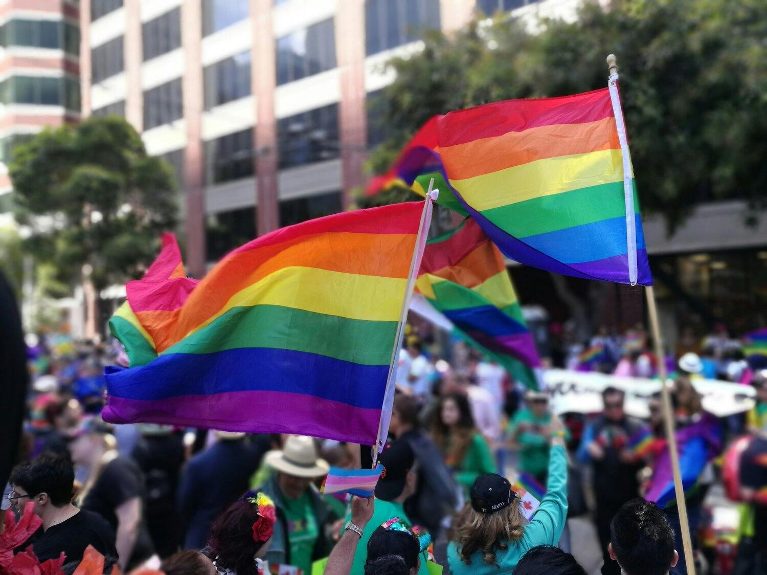 a group of people holding rainbow flags