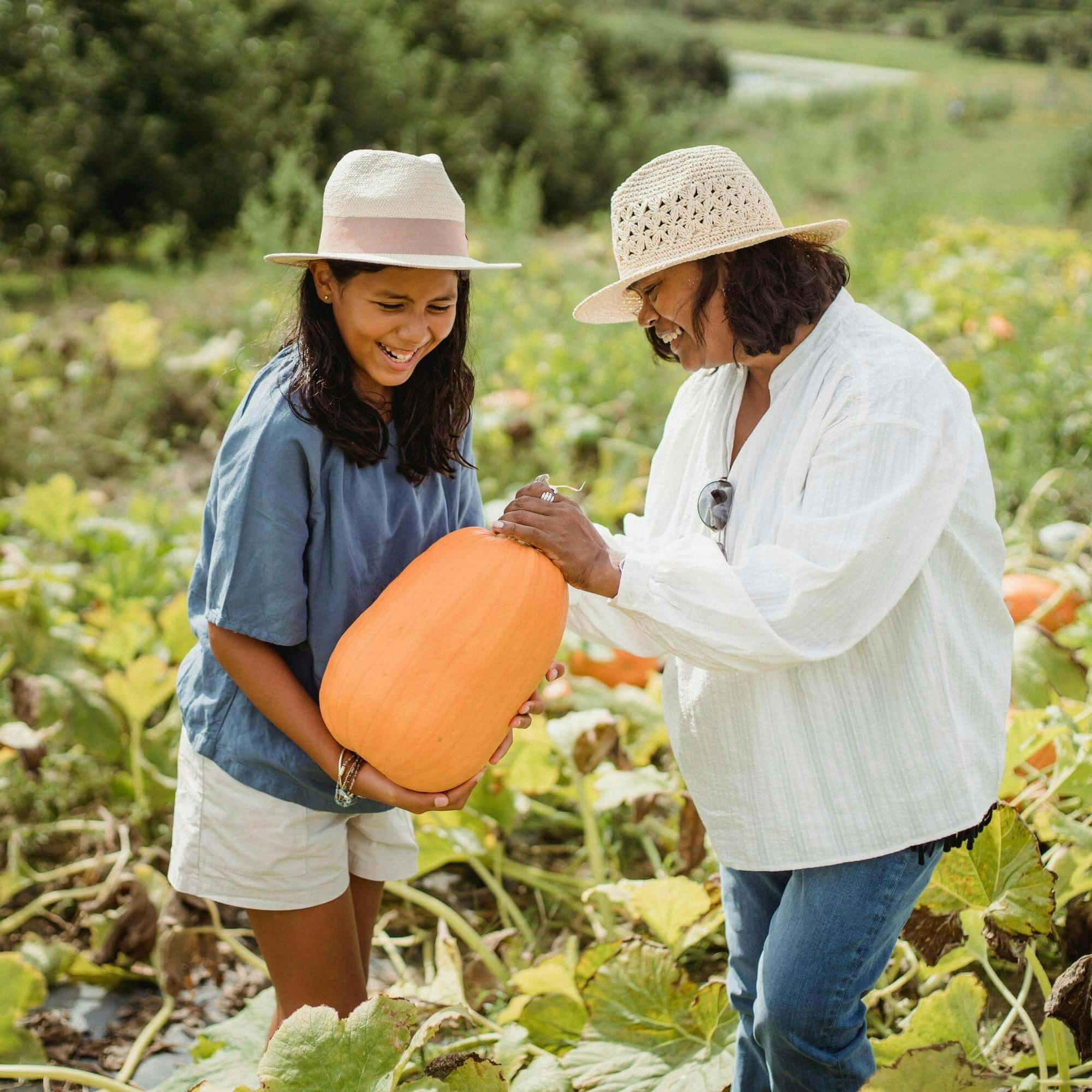 Mother and daughter picking pumpkin