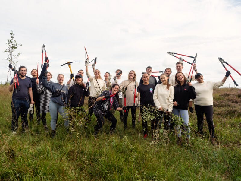 candid photo of the Ticket Tailor team holding tools in Foulshaw Moss after volunteering