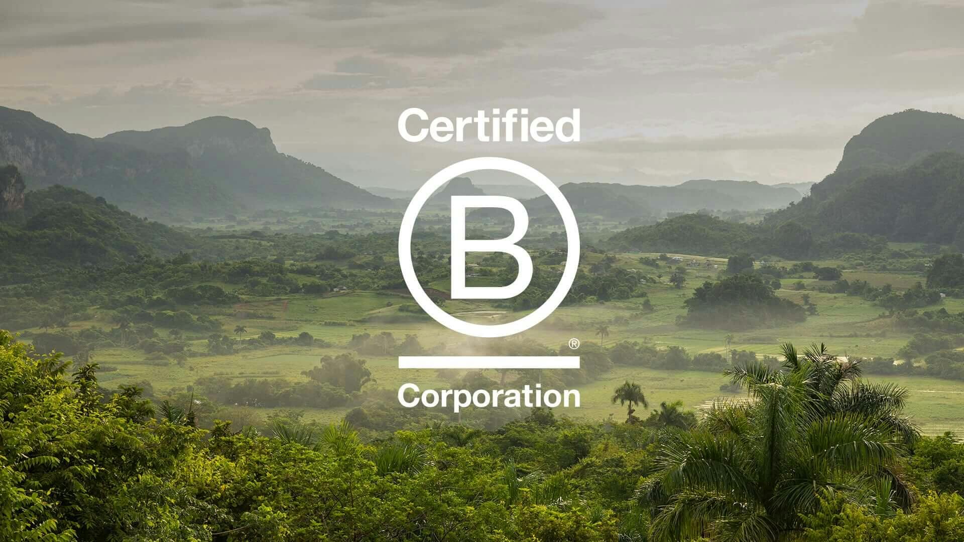 Green landscape with B Corp logo overlayed