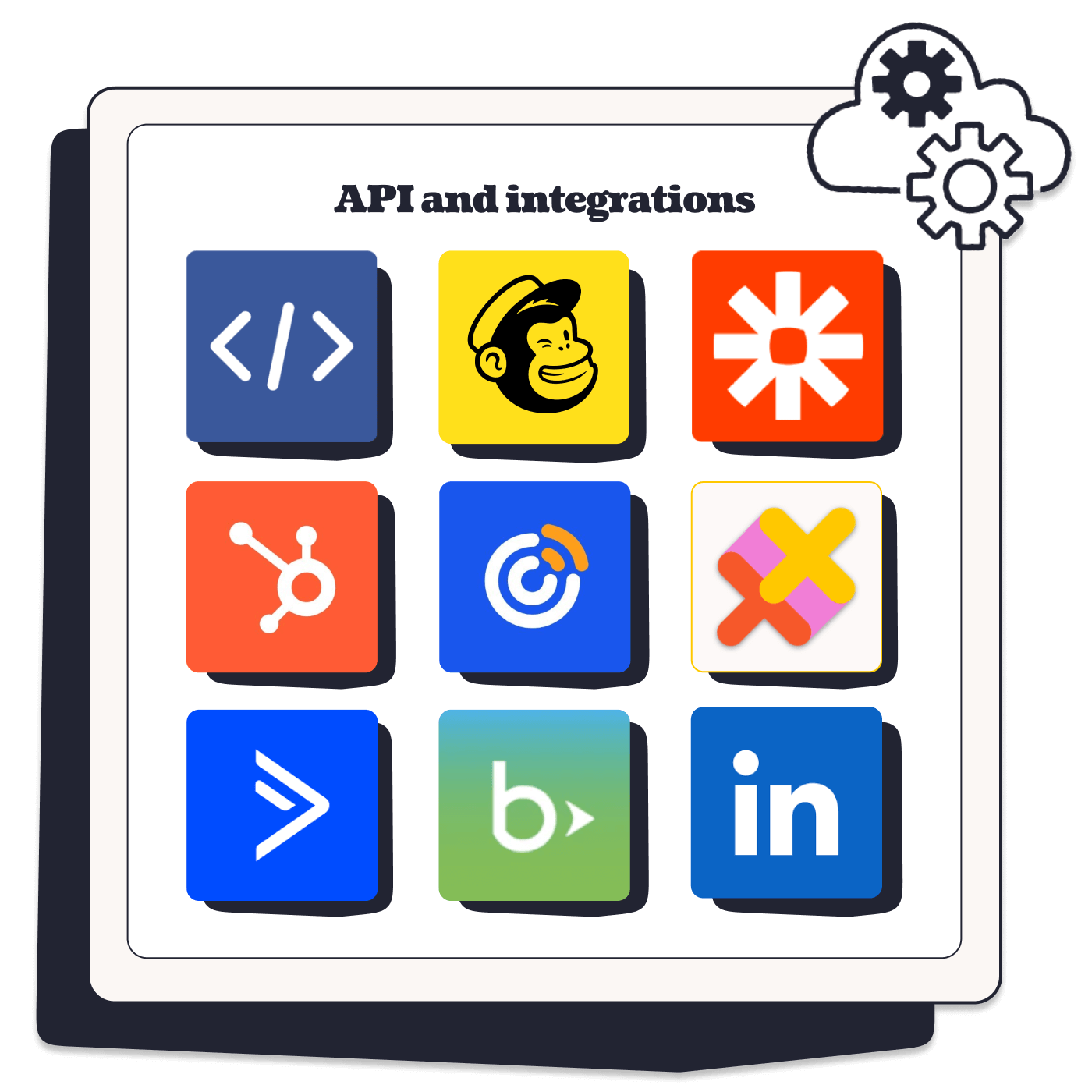 API Illustration with Mailchimp, Hubspot, Blackbaud etc. icons
