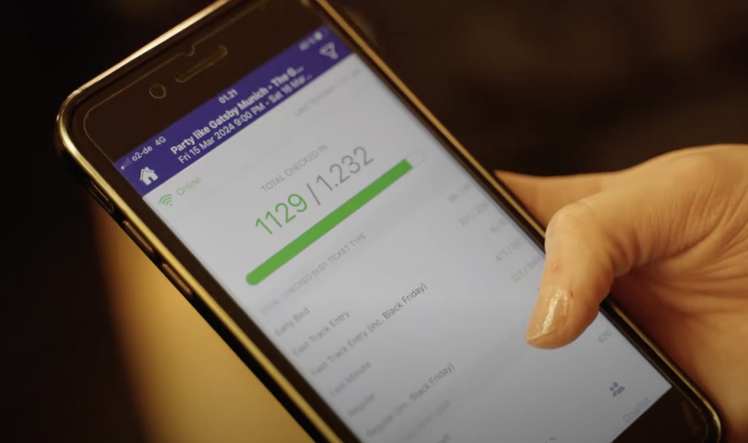 Mobile phone showing the check in process for party like gatsby event
