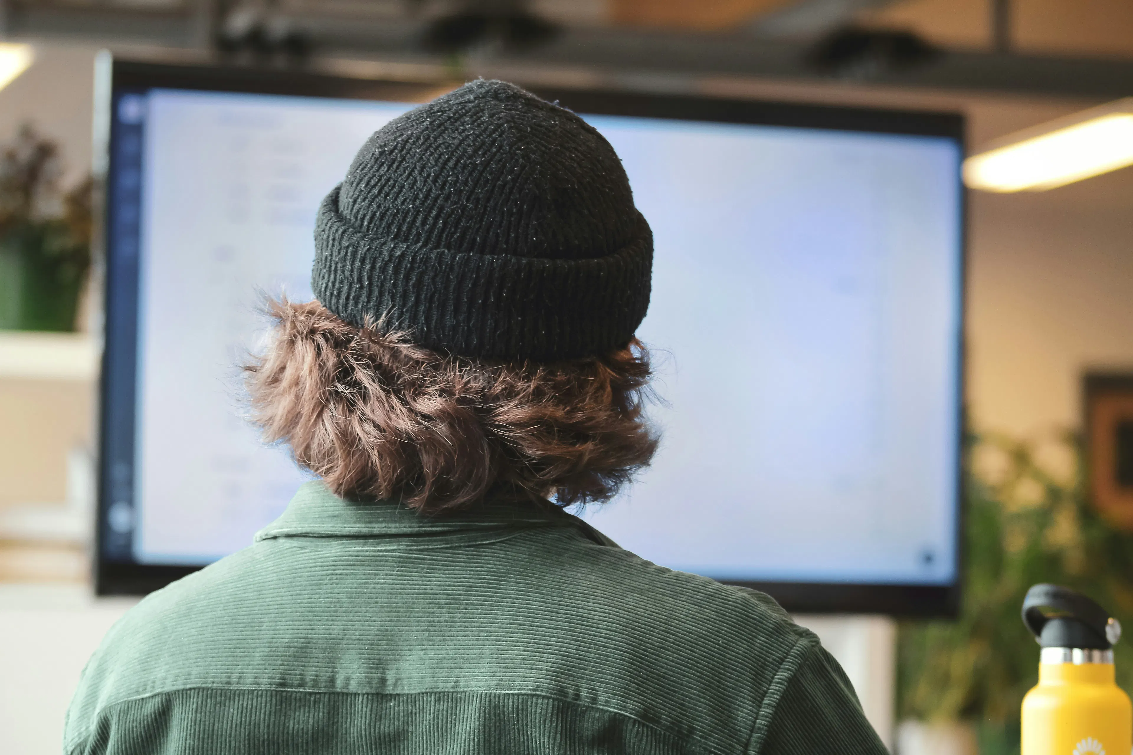 Back of man's head looking at computer screen