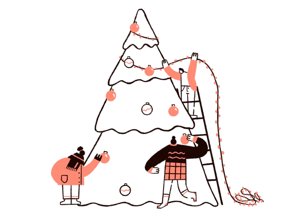 illustration of people decorating a Christmas tree