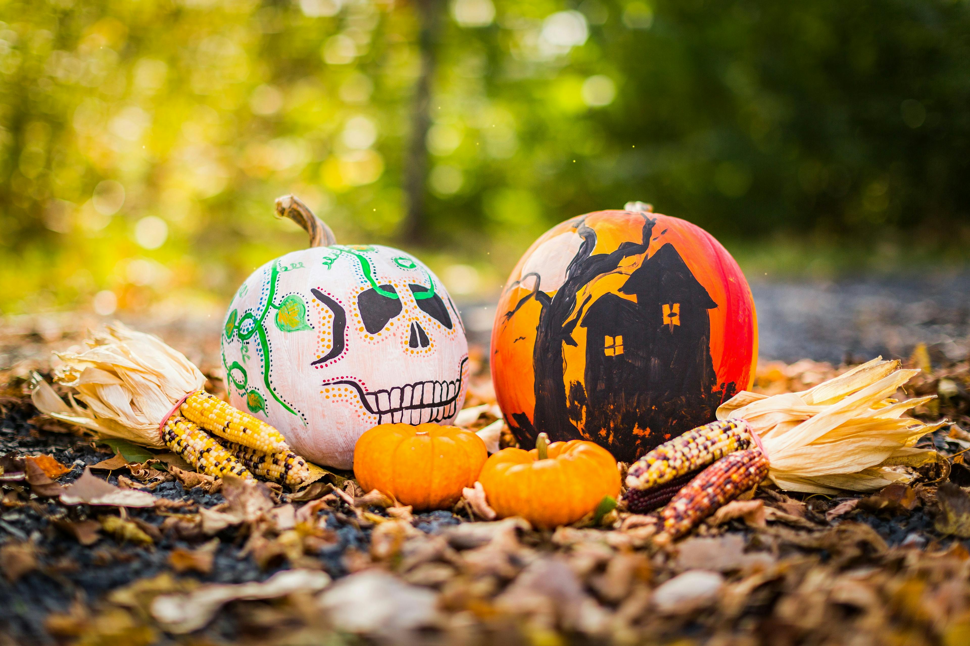 Painted jack-o-lanterns in a forest