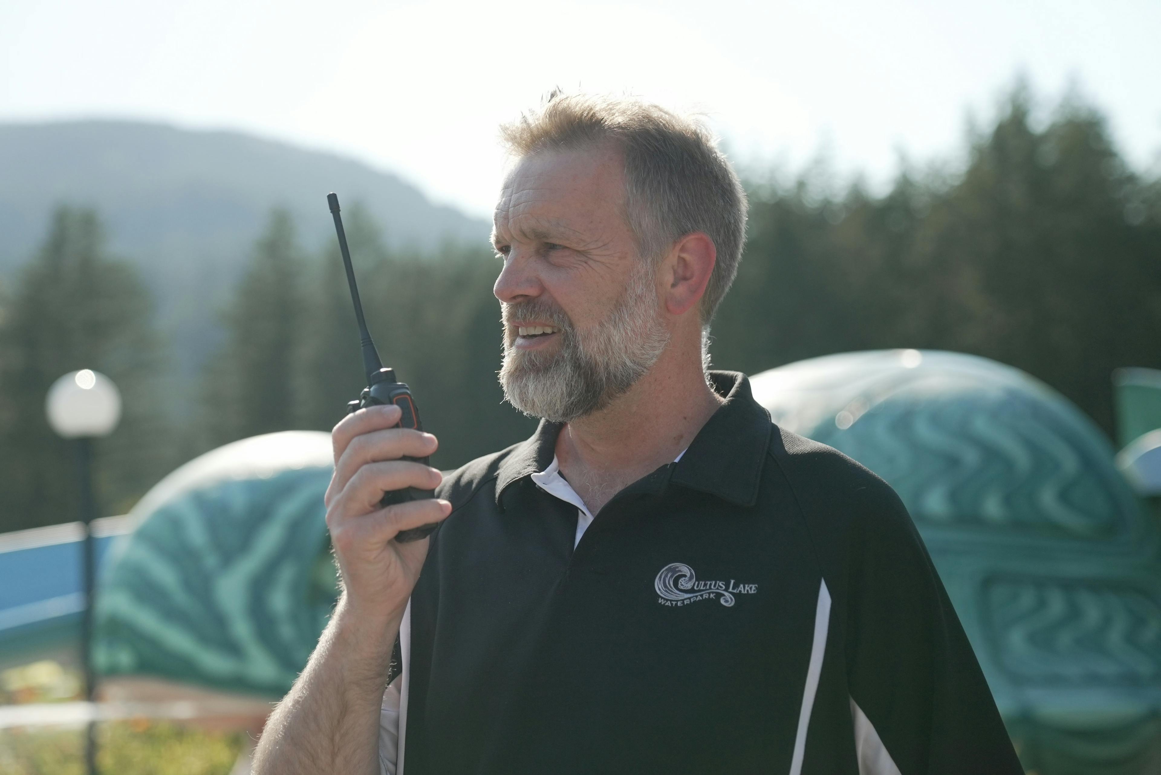 Cultus Lake Waterpark Andrew on the radio smiling