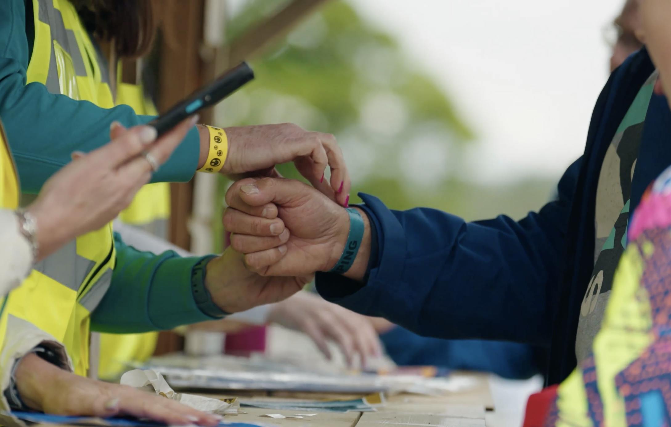 Ticket scanning on mobile phone and wristband being put on