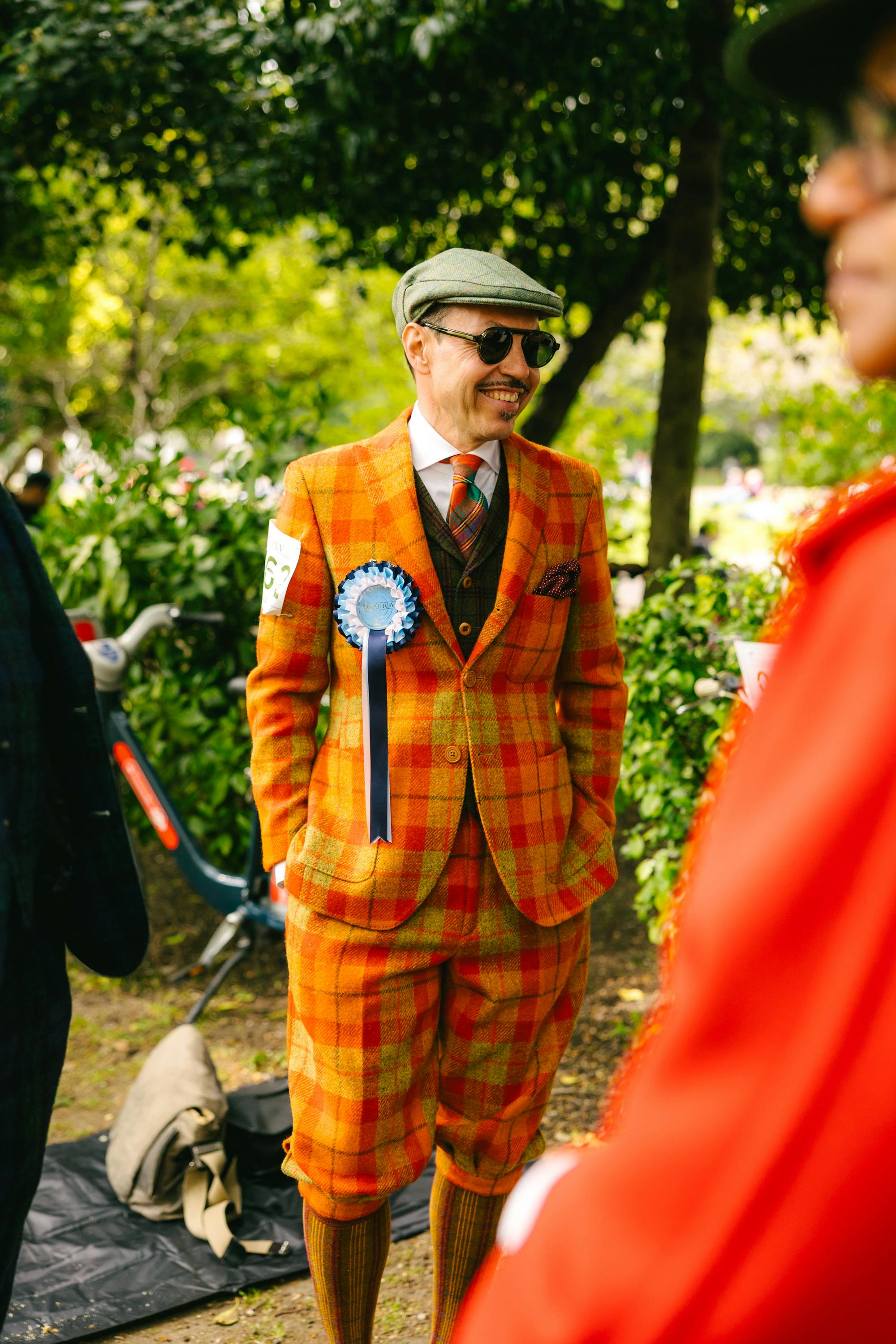 The Tweed Run man in orange tweed suit