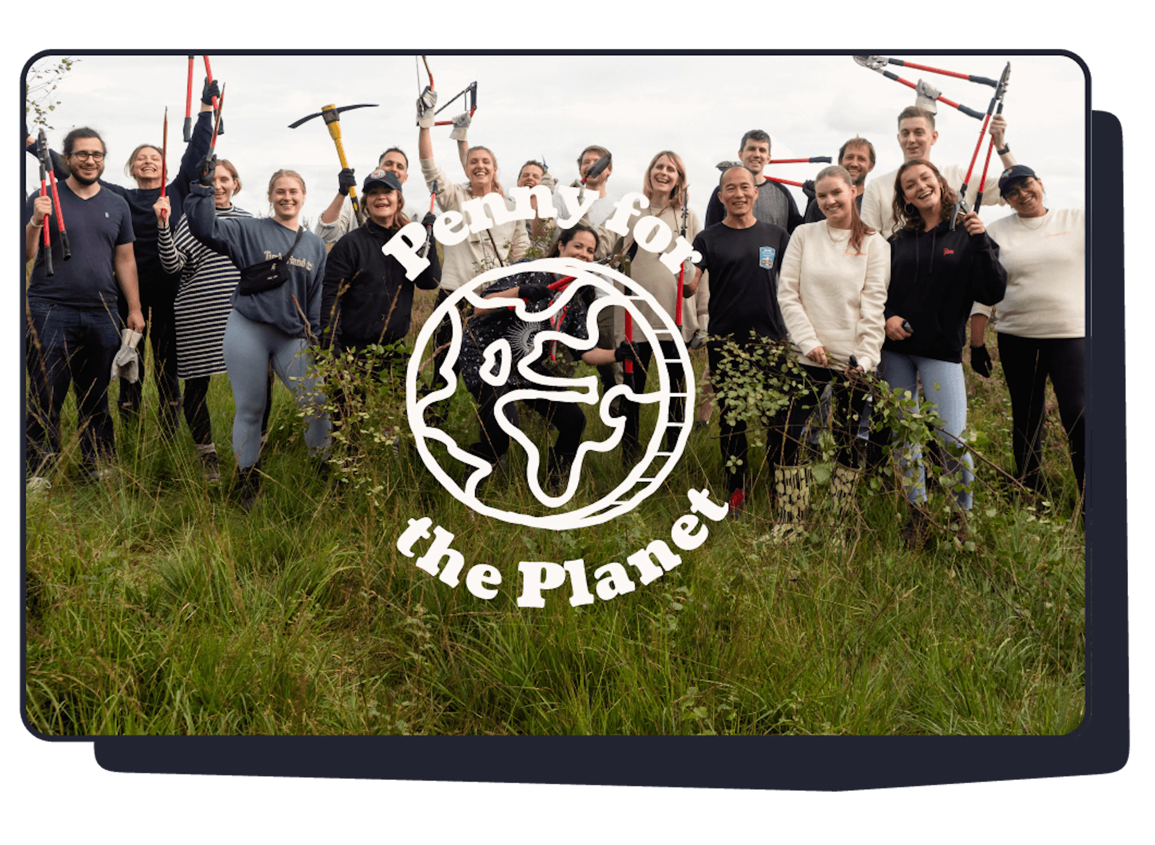 Penny for the Planet badge over a team photo