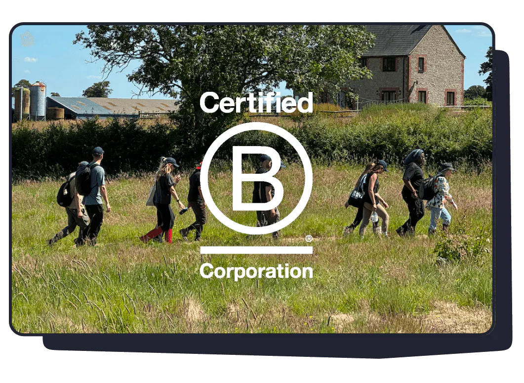 B Corp logo over a team photo