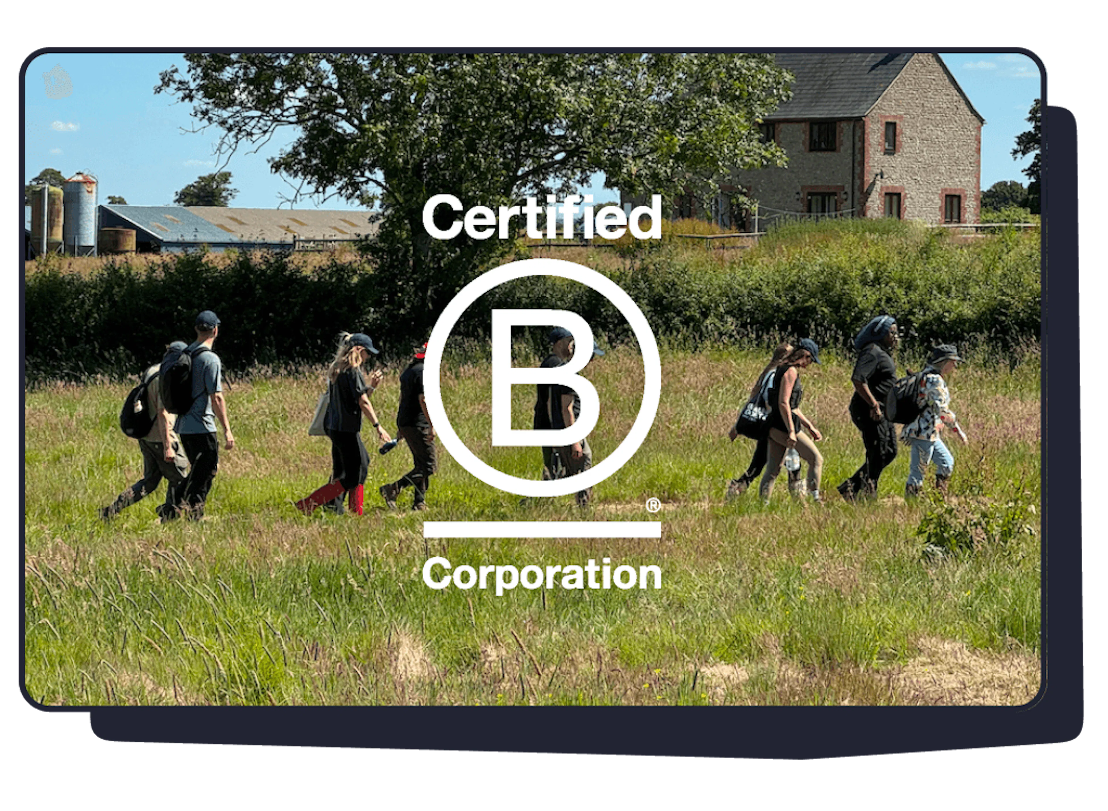 B Corp logo over a team photo