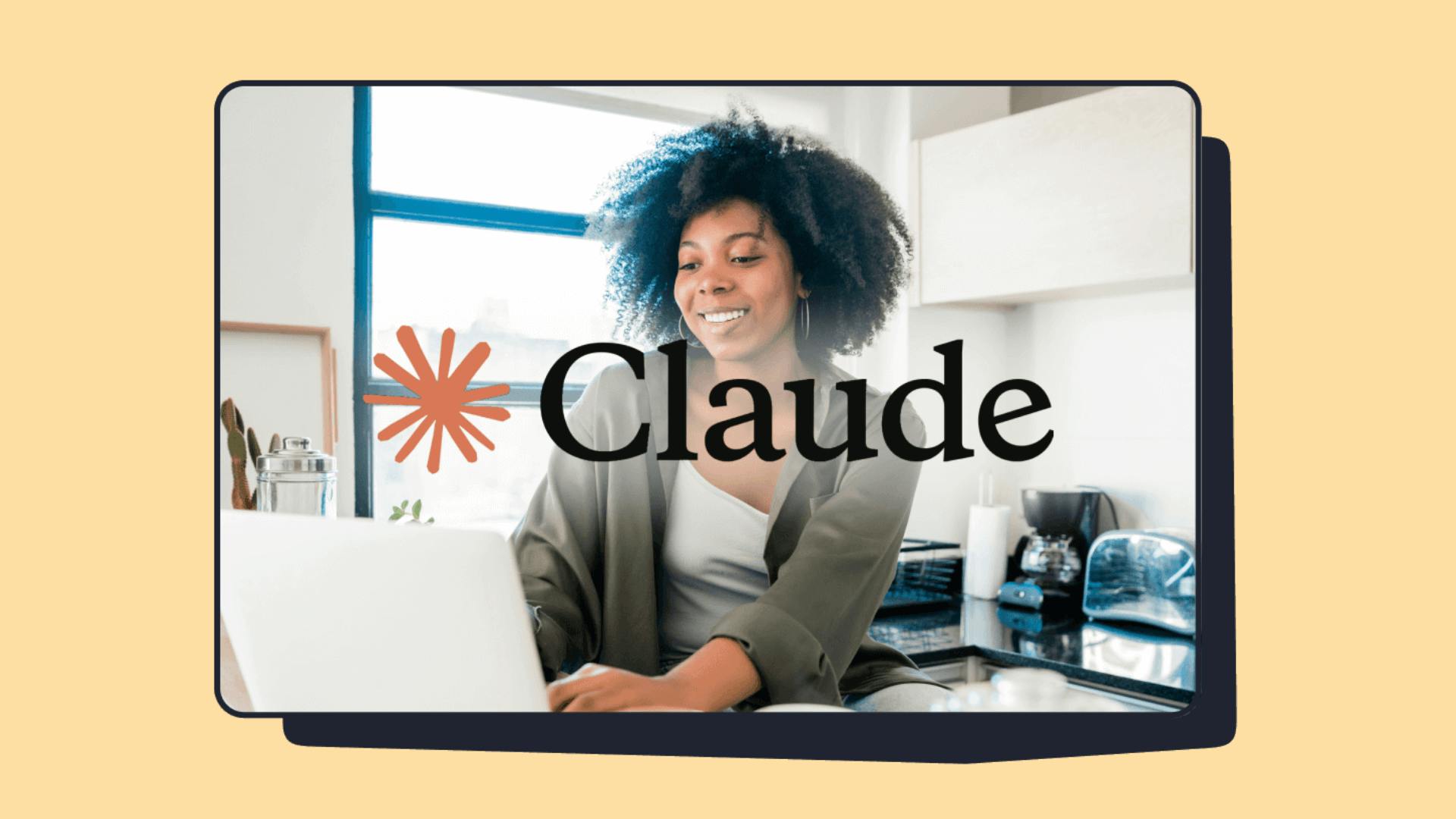 Woman working on computer with Claude logo overlayed