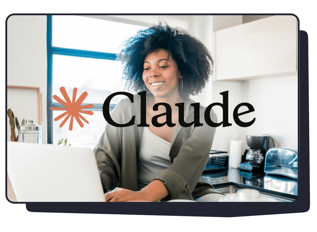 Woman working on computer with Claude logo overlayed