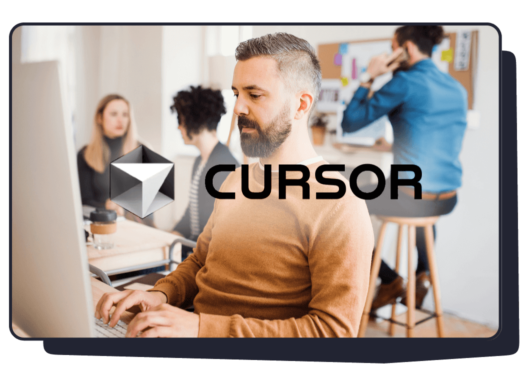 Man working on computer with Cursor logo overlayed