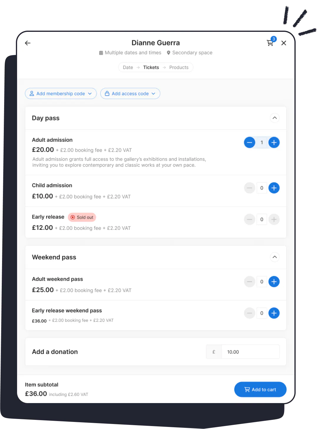ticket selection in ticket tailor