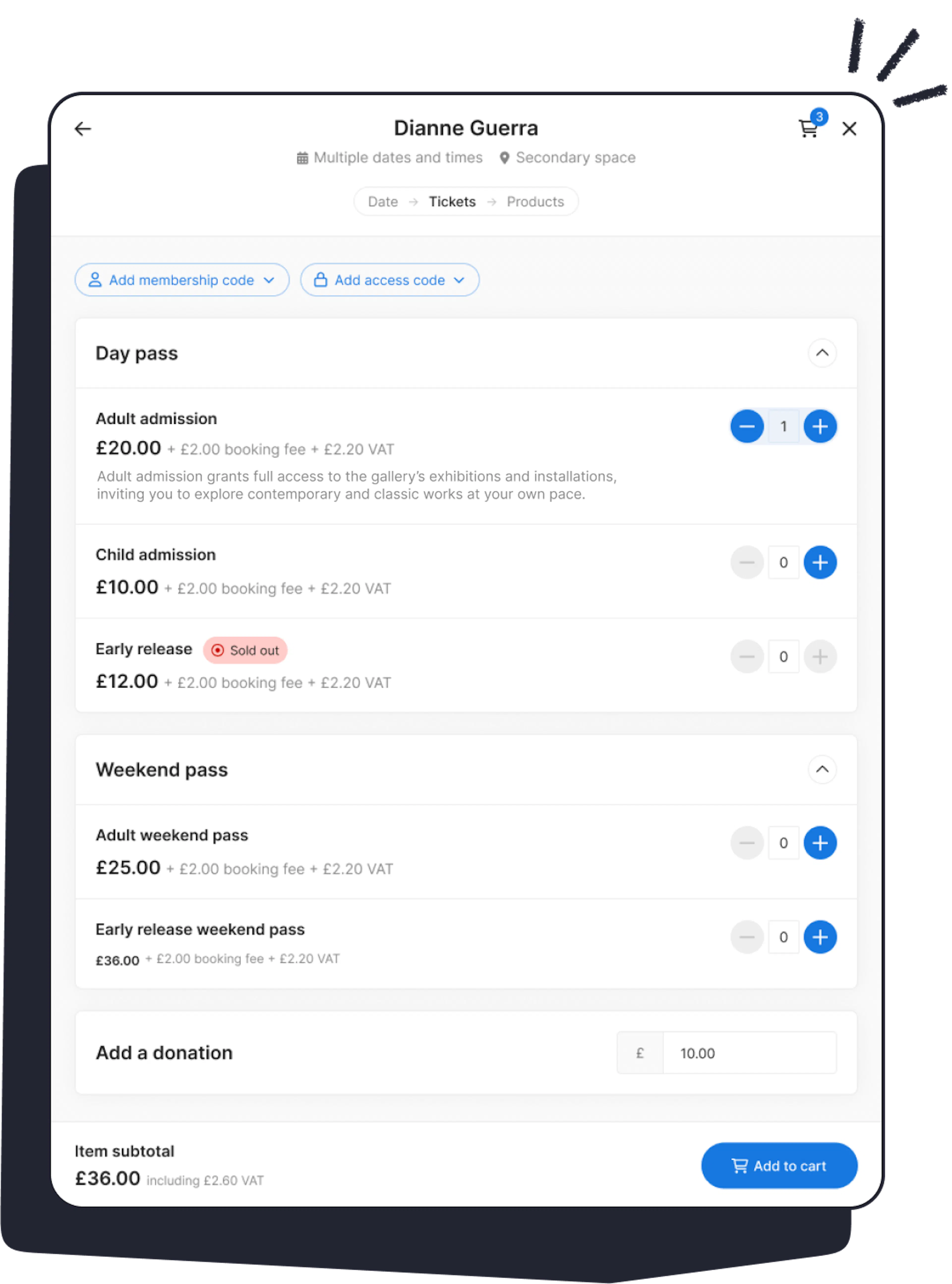 ticket selection in ticket tailor