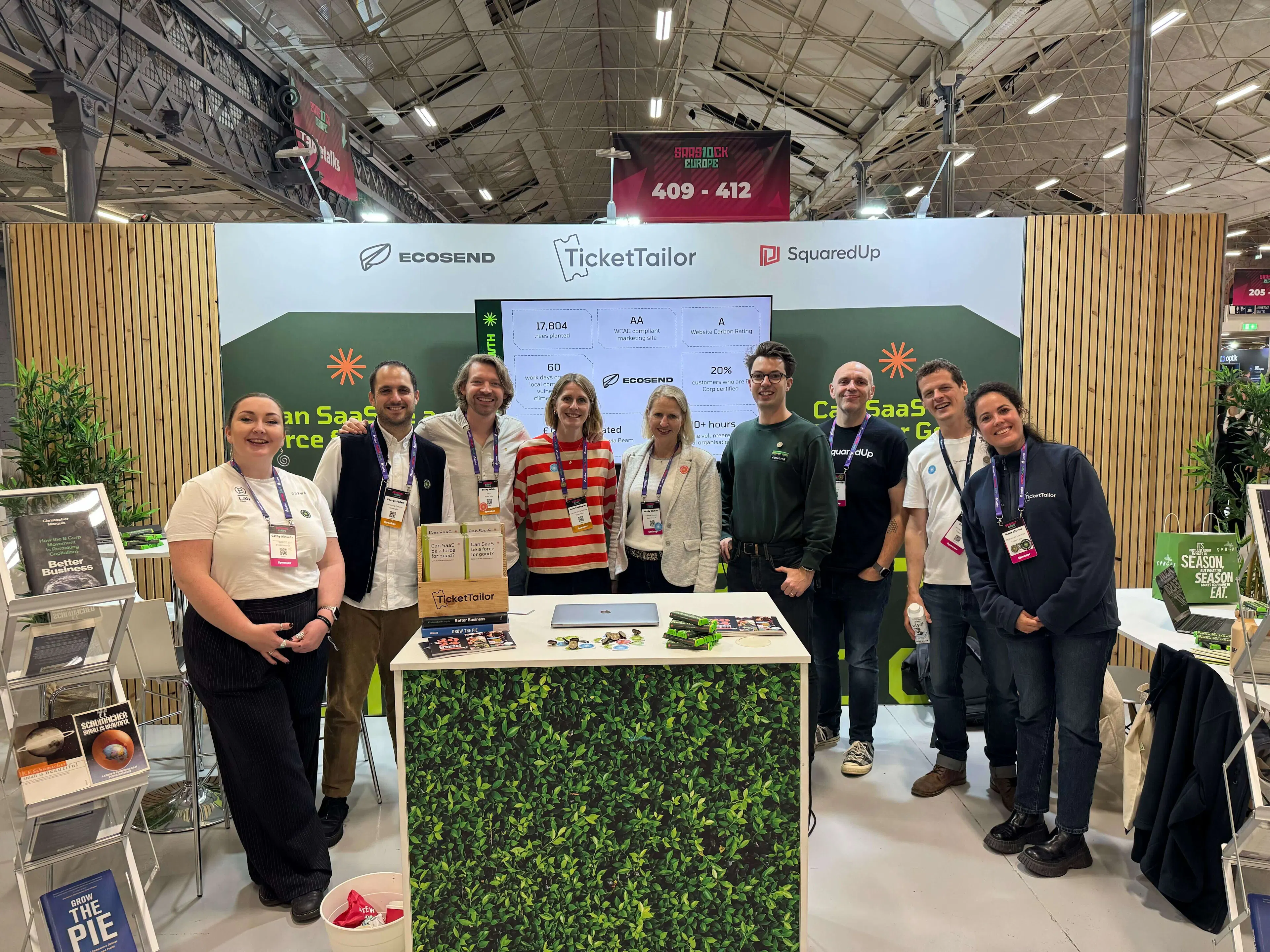 Ticket Tailor, SquaredUp, and EcoSend team at the SaaS for Good stand