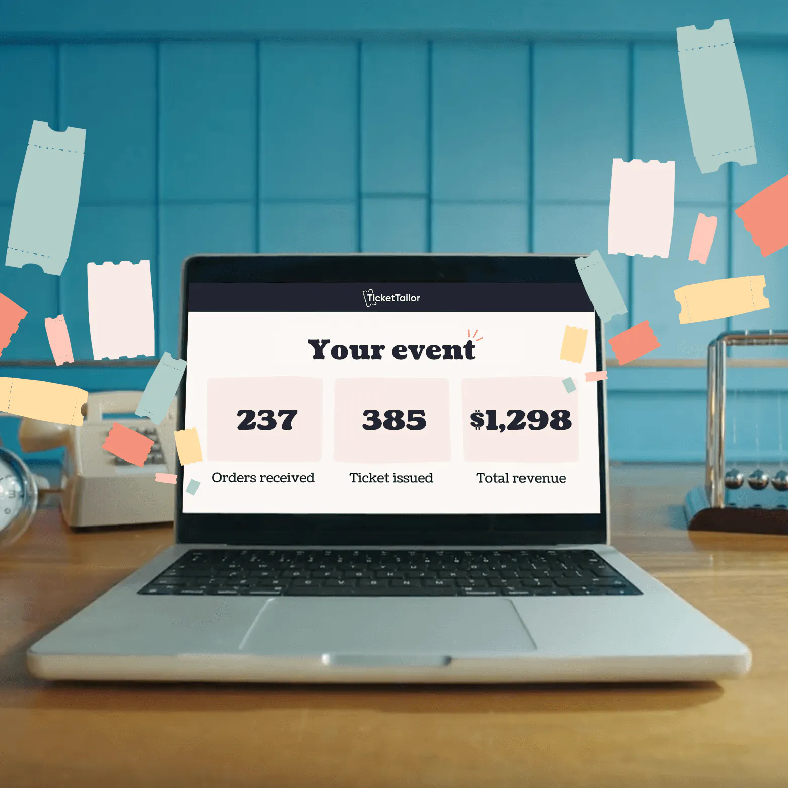 laptop with ticket sales and metrics